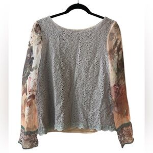 Sundance Gray Eyelet Lace Silk Sheer Sleeve Crewneck Boho Blouse Medium
